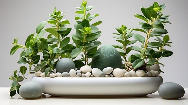 Foto una pequeña planta en maceta está sobre una mesa blanca con algunas piedras