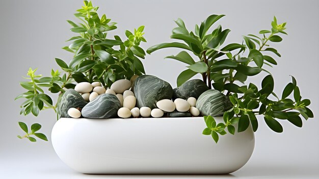 Foto una pequeña planta en maceta está sobre una mesa blanca con algunas piedras