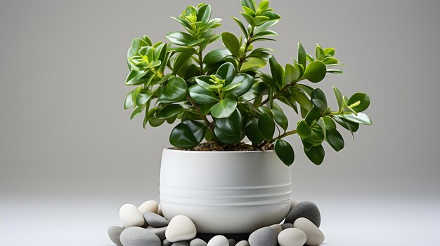 Foto una pequeña planta en maceta está sobre una mesa blanca con algunas piedras