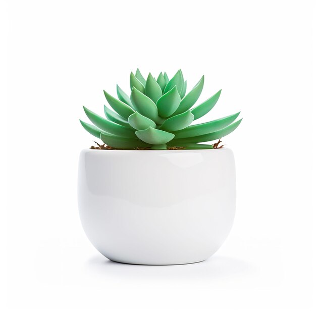 una pequeña planta en una olla blanca está sentada en una superficie blanca