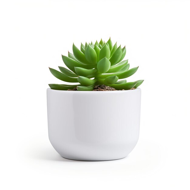 una pequeña planta en una olla blanca con una planta verde en ella
