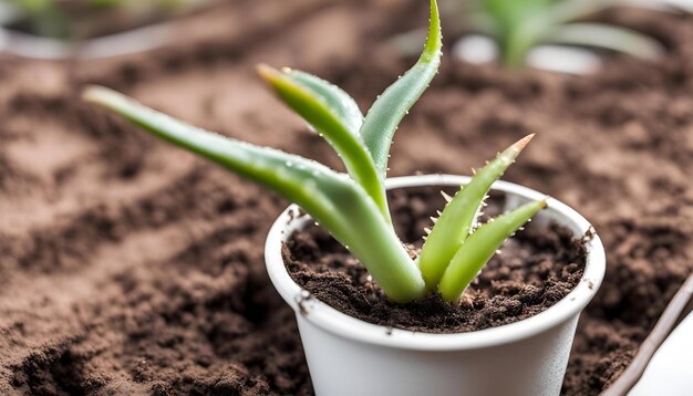 una pequeña planta en una pequeña olla blanca está en una plantación