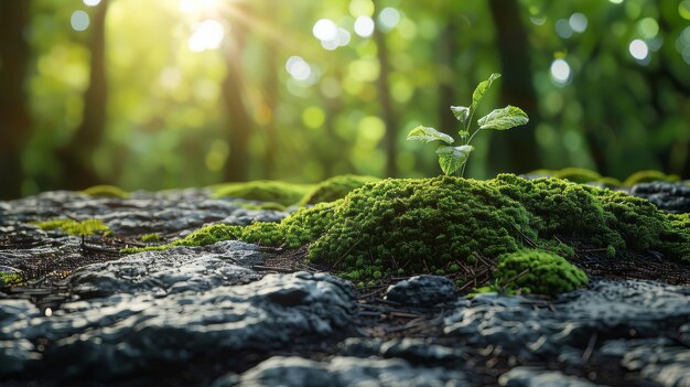 Una pequeña planta que brota de una roca cubierta de musgo