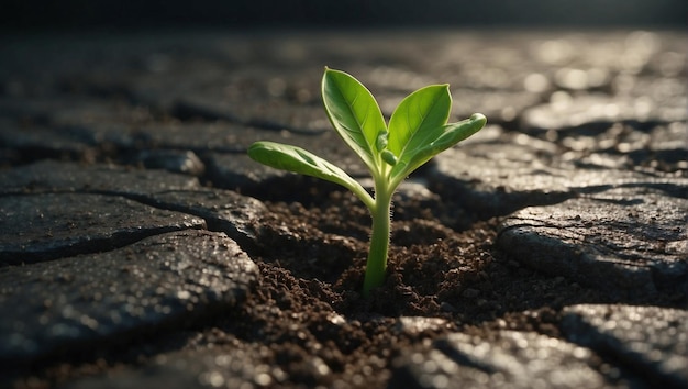 Una pequeña planta que brota de la tierra seca y estéril simboliza la esperanza y el crecimiento