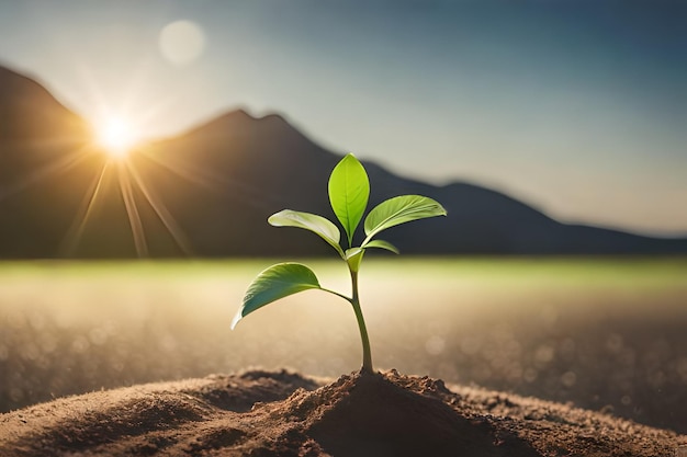 una pequeña planta que crece en la arena al atardecer.