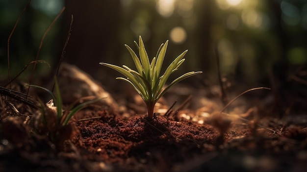 Una pequeña planta que crece en el bosque.