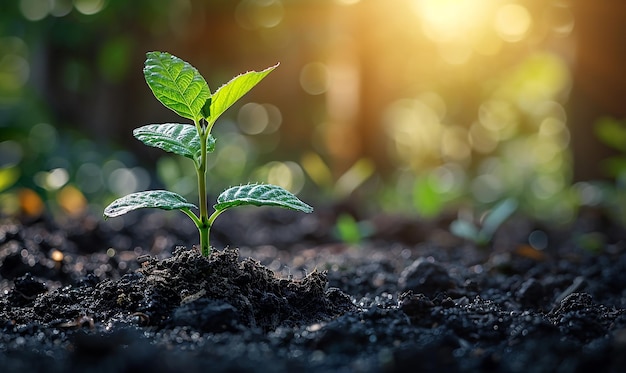 una pequeña planta que crece en el suelo con el sol detrás de ella