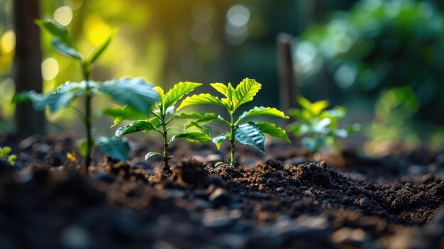 Foto la pequeña planta que crecía en la tierra y recibía alimento de la luz del sol