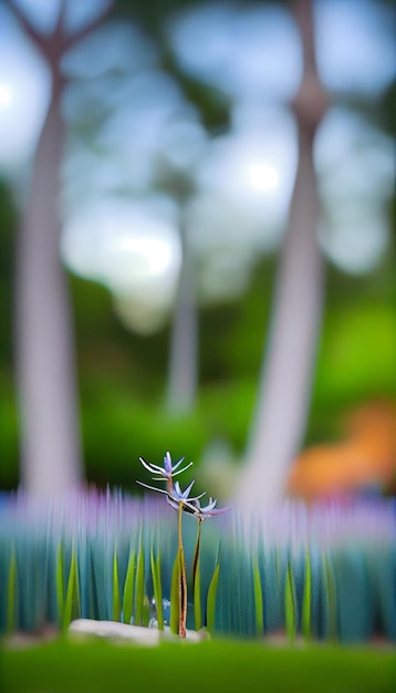 Pequeña planta que se sienta encima de un campo verde exuberante ai generativo