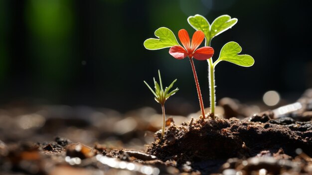 una pequeña planta roja que crece en el suelo