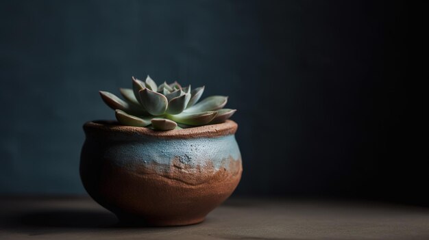 Una pequeña planta se sienta en una mesa frente a un fondo negro.