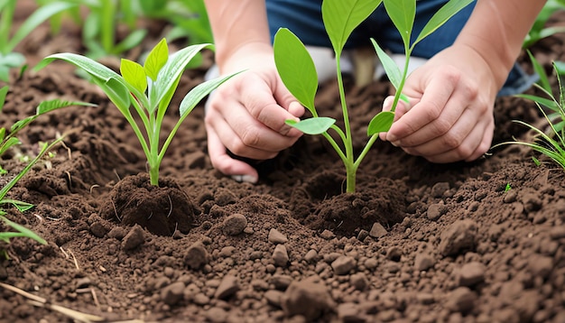 Pequeña Planta En El Suelo Manos Plantando Un Árbol Joven