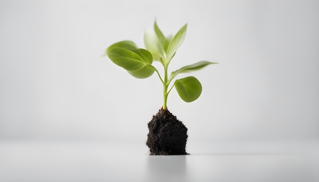 Foto pequeña planta con tierra sobre fondo blanco