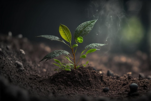 Una pequeña planta verde brota del suelo IA generativa