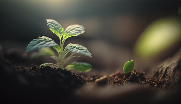 Una pequeña planta verde brota del suelo IA generativa