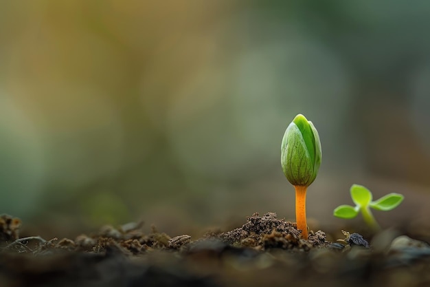 Una pequeña planta verde brota del suelo llegando hacia la luz del sol con un crecimiento fresco