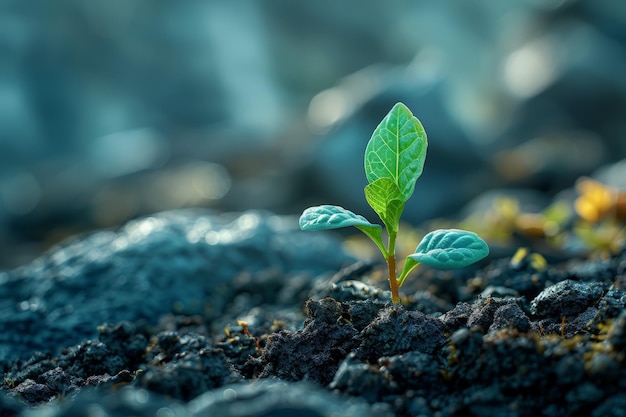 Una pequeña planta verde brota del suelo