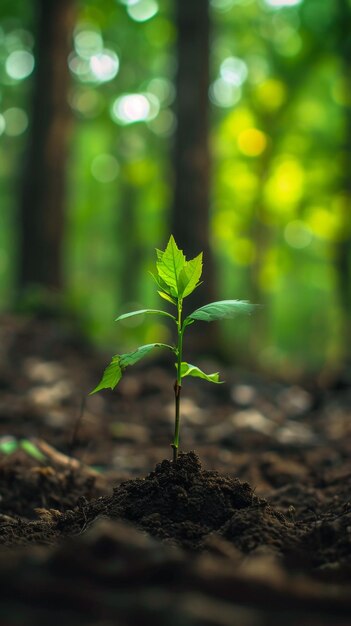 Pequena planta verde brotendo do chão em um jardim