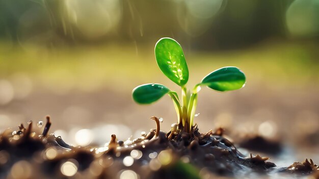 Foto una pequeña planta verde está creciendo en la tierra.