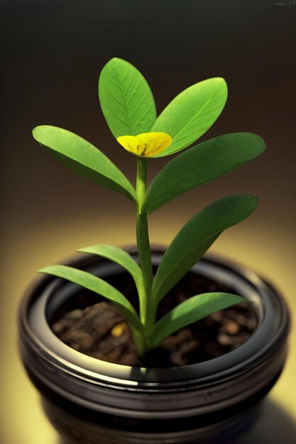 Una pequeña planta verde con una flor amarilla