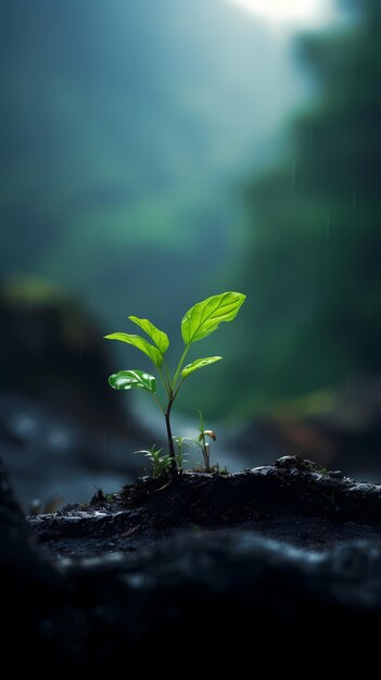 Una pequeña planta verde fresca y solitaria, una selva lluviosa oscura en el fondo.