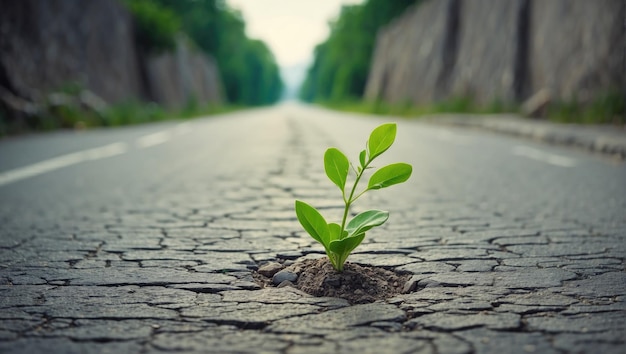 una pequeña planta verde que brota de una grieta en la carretera