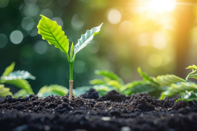 Pequeña planta verde que crece en suelo con fondo borroso