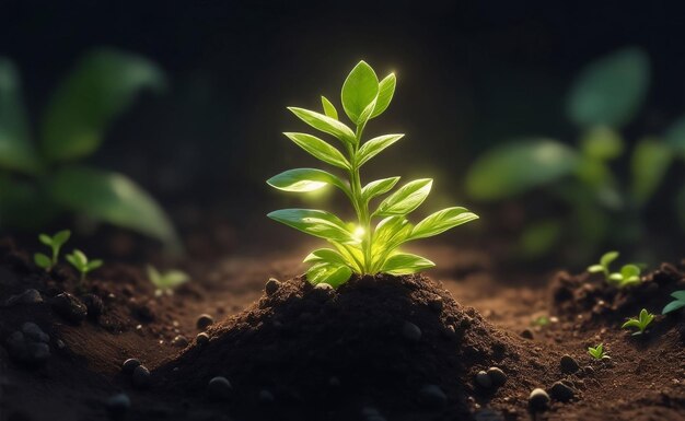 Pequeña planta verde que crece en un suelo Ilustración de IA generativa