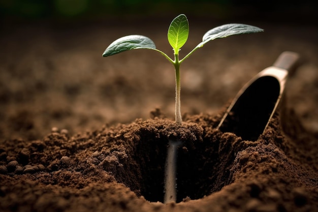 Pequeña planta verde que emerge del suelo IA generativa