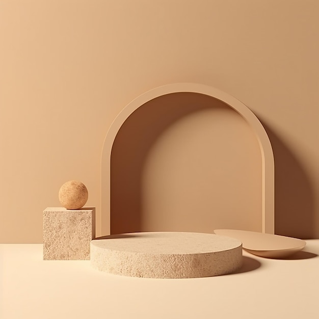 pequena plataforma de pedestal de pódio cilíndrico para a apresentação Conceito de beige cenas de estúdio minimalistas com sombras 3D renderização espaço de cópia em torno do pódio