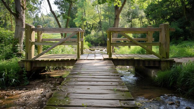 Pequena ponte de madeira com um belo fundo verde A ponte é feita de madeira e tem um acabamento natural
