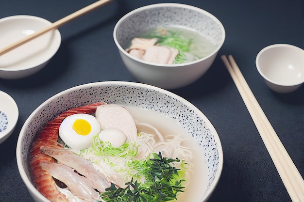 Pequena porção de tigela de ramen tonkotsu japonês com cebola e ovo