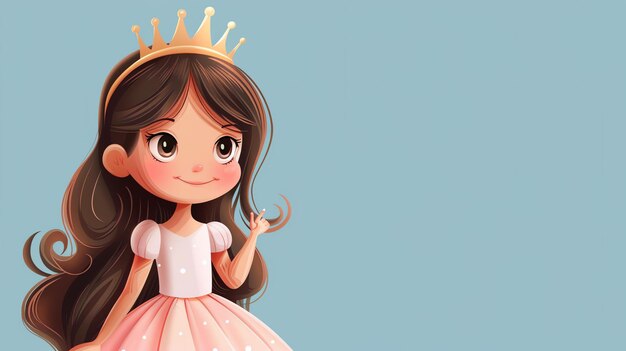 Foto pequeña princesa con una corona dorada vestido rosa con puntos largos cabello marrón fondo azul