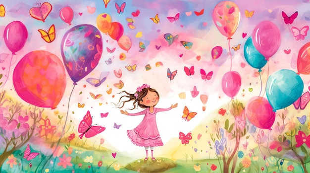 Pequeña princesa en el mundo rosa abstracto de los niños hecho con IA generativa