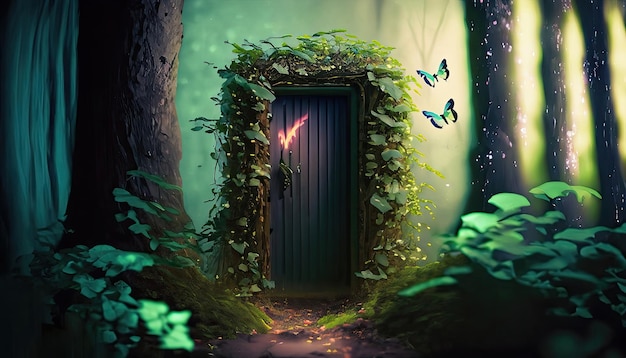 Pequeña puerta en un bosque realista mucho follaje con pequeñas mariposas tormenta de truenos 4k