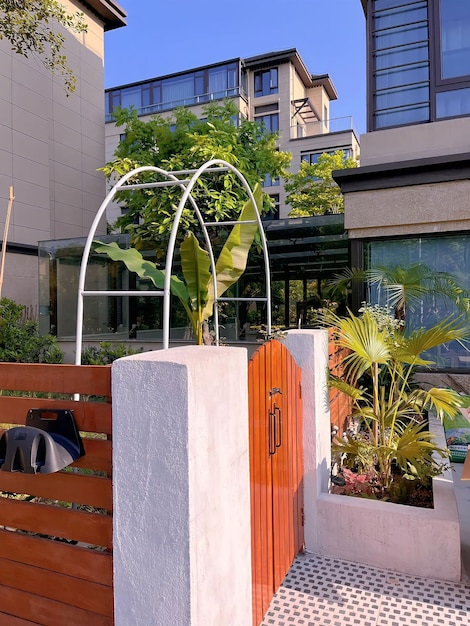 Una pequeña puerta de madera está abierta a un pequeño jardín.