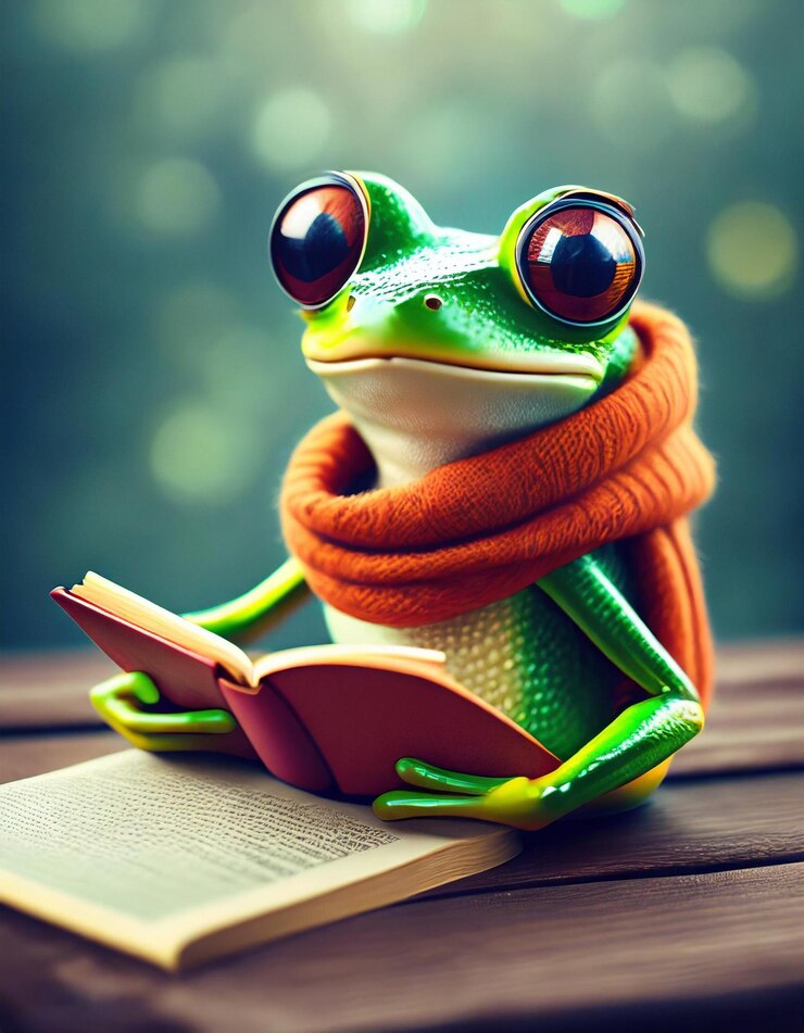 Una pequeña rana linda con una bufanda leyendo un retrato de libro