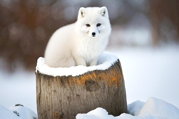 Pequena raposa ártica leve sentada no toco coberto de neve