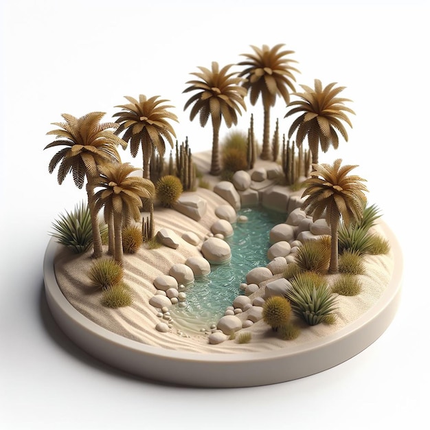 Pequena renderização 3D detalhada da cena do oásis com palmeiras e água em fundo branco