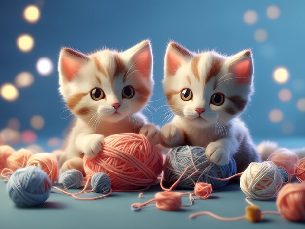 Pequena renderização 3d isométrica e fofa de gatinhos brincando com fio