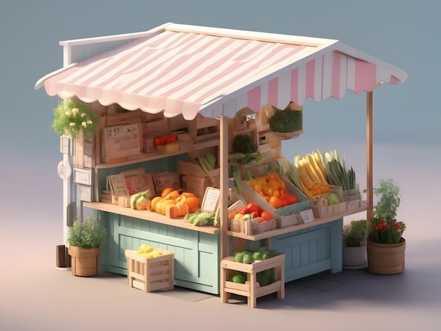 Pequena renderização 3d isométrica e fofa Farmers Market