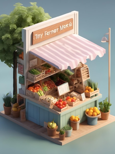 Pequena renderização 3d isométrica e fofa Farmers Market