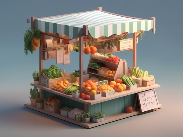 Pequena renderização 3d isométrica e fofa Farmers Market