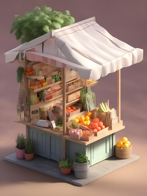 Pequena renderização 3d isométrica e fofa Farmers Market