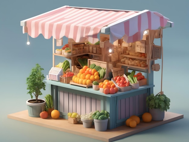 Pequena renderização 3d isométrica e fofa Farmers Market