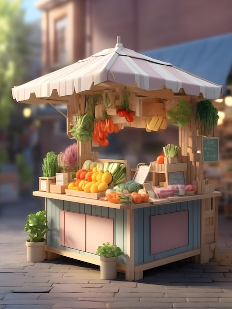 Pequena renderização 3d isométrica e fofa Farmers Market