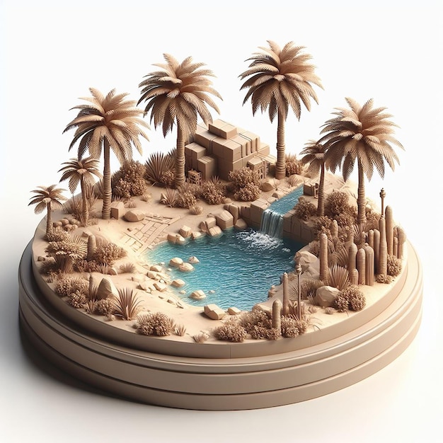 Pequena renderização detalhada em 3D da cena do oásis com palmeiras e água em fundo branco