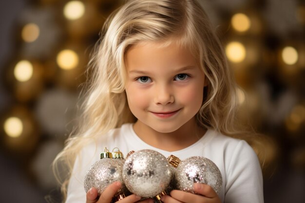 Una pequeña rubia capturada en un momento de alegría sosteniendo bolas de Navidad contra un telón de fondo brillante