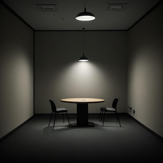 Pequeña sala de reuniones sin nadie con luz generada por IA