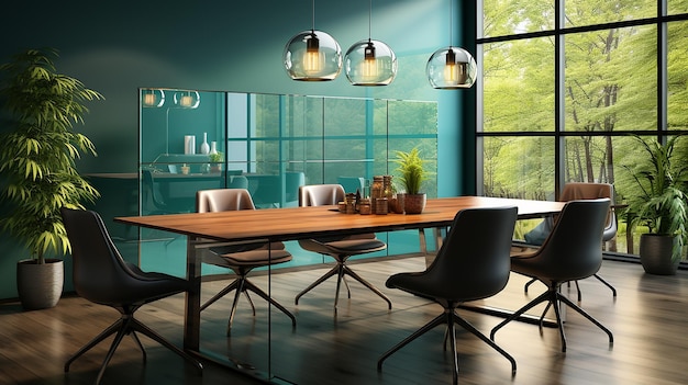 Pequeña sala de reuniones con sillas flip chart y mesa de vidrio generada por IA